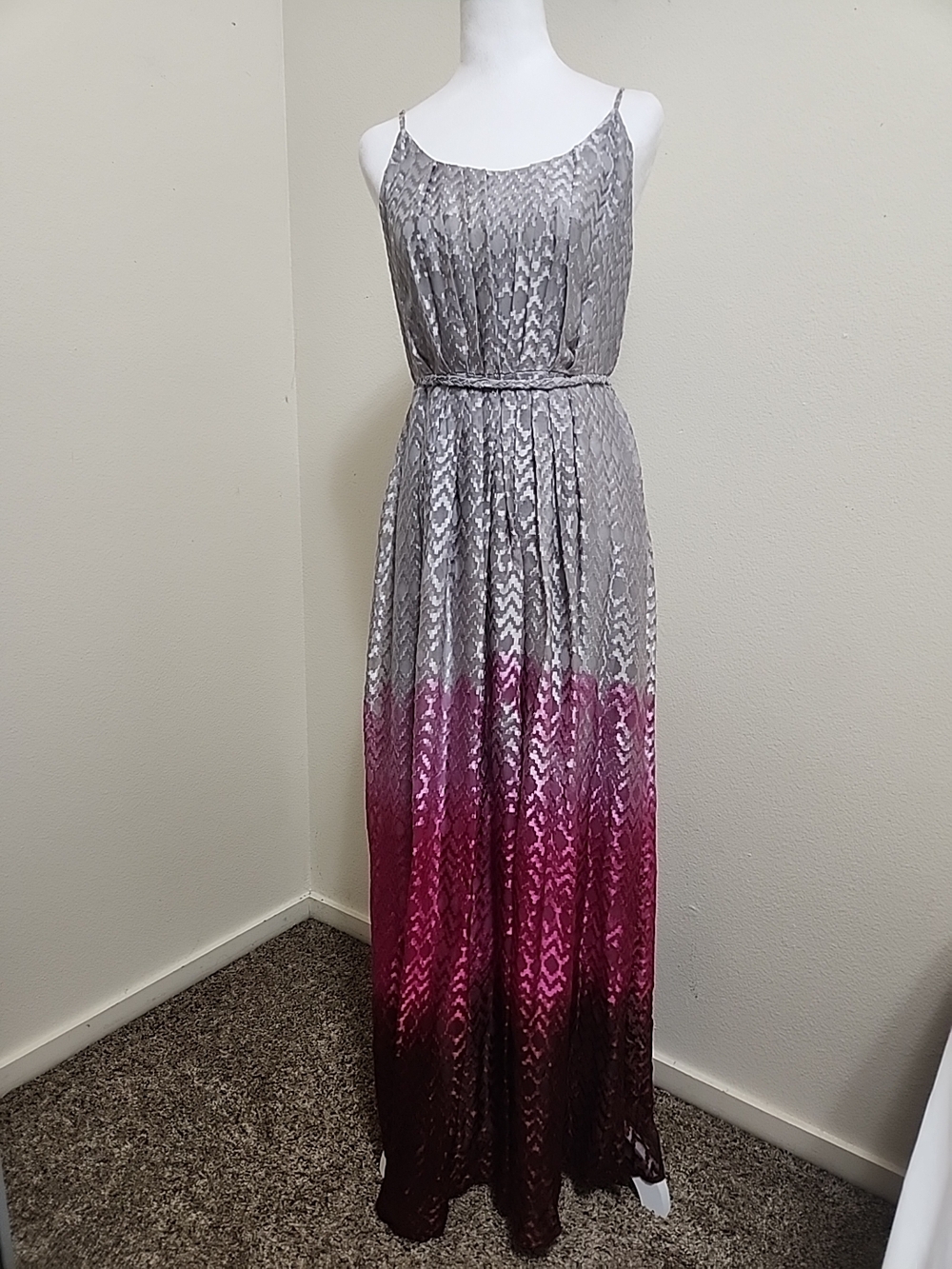 Y2K Silk Silver Pink Ombre Maxi Dress S Whimsigoth Dark Fairy Grunge Witchy